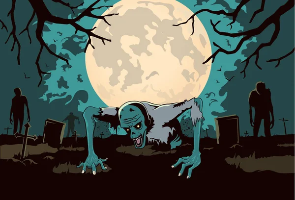 Zombie fuera de la tumba en el fondo de la silueta en el tema de terror . — Vector de stock