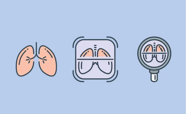 Lung icon collection with Magnifying glass and frame. — Stock Vector