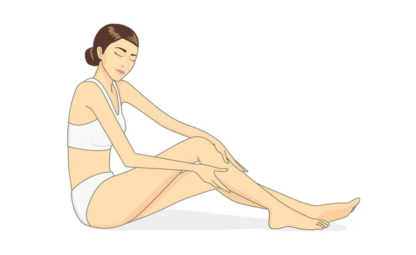 Cuerpo completo de hermosa mujer que aplica crema hidratante en la piel del brazo . — Vector de stock