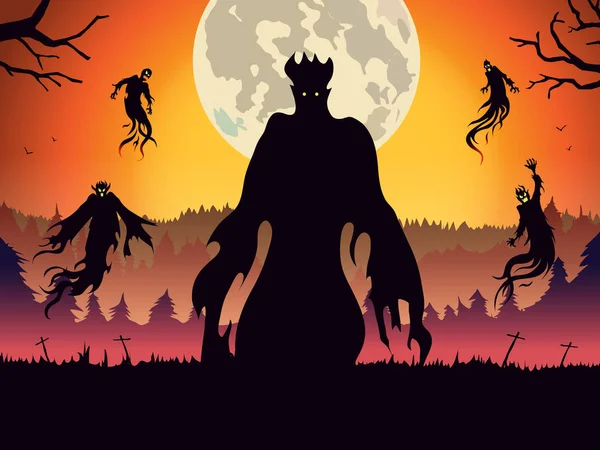 Silhuetten av ond ande flyger på skogen på fullmåne natten. — Stock vektor