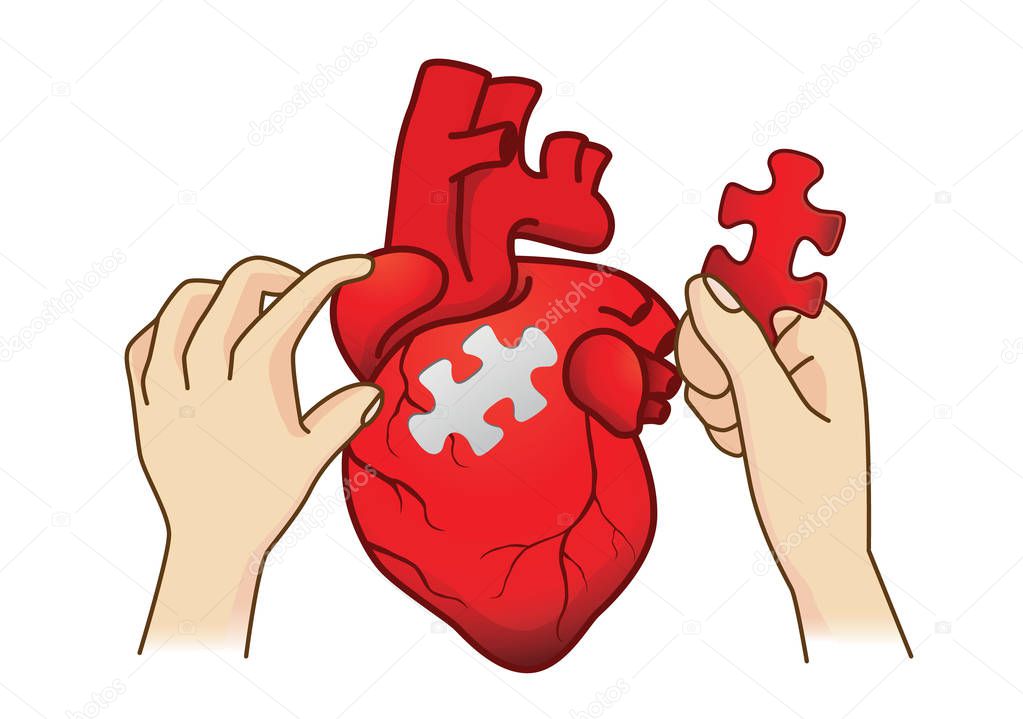 Hand paste the last piece to complete the human heart jigsaw. Conceptual illustration about medical surgery.