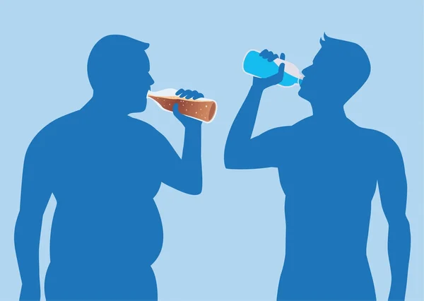 剪影肥胖人喝苏打 但健康人喝纯净的水 医疗保健插图 — 图库矢量图片