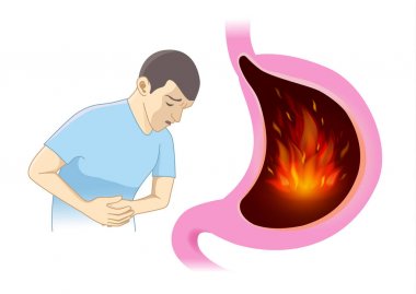 Adam duygu karın ağrısı ve mide üzerinde beyaz izole içinde ateş. Resimde sindirim sistemi sorunları hakkında.