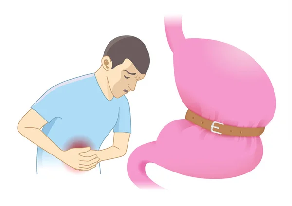 Hombre Sintiendo Dolor Abdominal Estómago Con Cinturón Demasiado Apretado Ilustración — Vector de stock