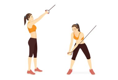 Woman doing downward cable chop posture for exercise with 2 step. Illustration about workout with gym equipment for oblique muscles and abs.