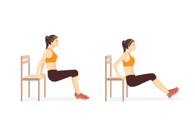 Woman doing Triceps Dips with bench in 2 step for exercise guide. Illustration about workout for build strength triceps brach ii muscle. clipart