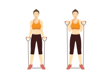 Woman using equipment for exercise with Resistance Band Bicep Curl in 2 step. Illustration about workout with lightweight equipment for targeting smaller muscles.