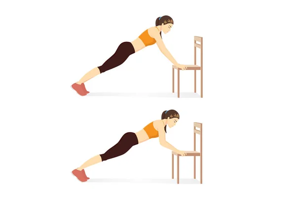 妇女在椅子的作用下做运动 两步向上推以促进腹肌的锻炼 说明如何使用家用电器进行锻炼 — 图库矢量图片