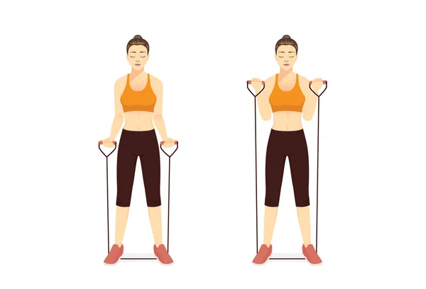 Woman Using Equipment Exercise Resistance Band Bicep Curl Step Illustration — ストックベクタ