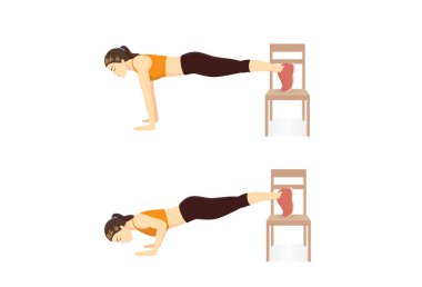 Woman doing home cardio workout by Step Decline Push Up with Chair in 2 step. Illustration about workout diagram while stay at Home. clipart