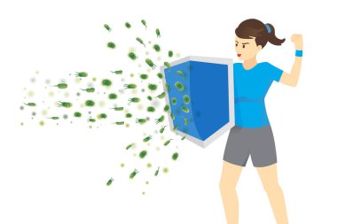 Sağlıklı kadın, bakteri saldırısını kalkanla yansıtıyor. Bağışıklığı sağlıklı bir şekilde güçlendirme kavramını tasvir et.