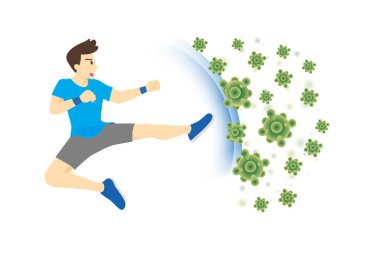 Sağlıklı insanlar atlama tekmesiyle bakteri saldırısını yansıtır. Dokunulmazlığı Egzersiz İle Artırma Konsepti.