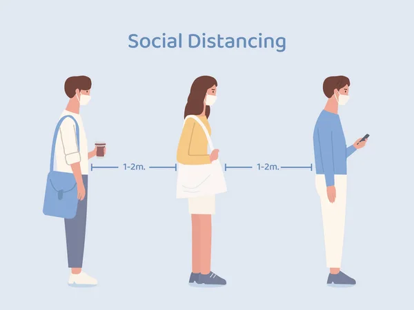 Pessoas Usando Uma Máscara Fazendo Distanciamento Social Enquanto Estão Fila — Vetor de Stock