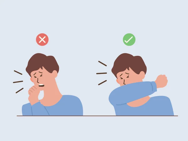 Homme Montrant Chemin Toux Éternuer Correctement Incorrectement Lorsque Vous Portez — Image vectorielle