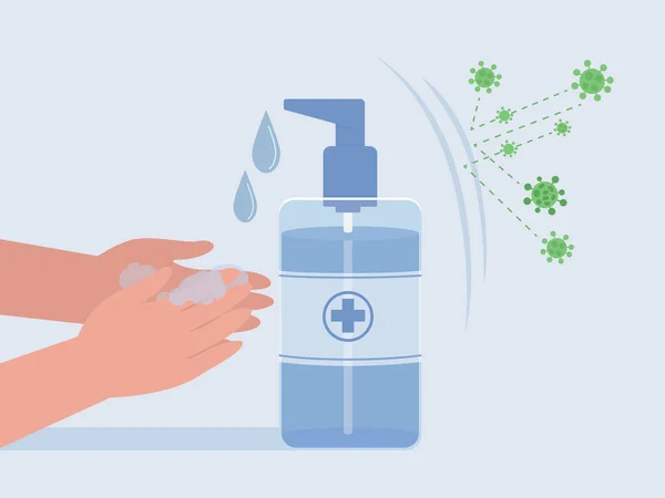 用基于酒精的手部清洁剂洗手会使病毒反射 关于病毒保护的概念说明 — 图库矢量图片