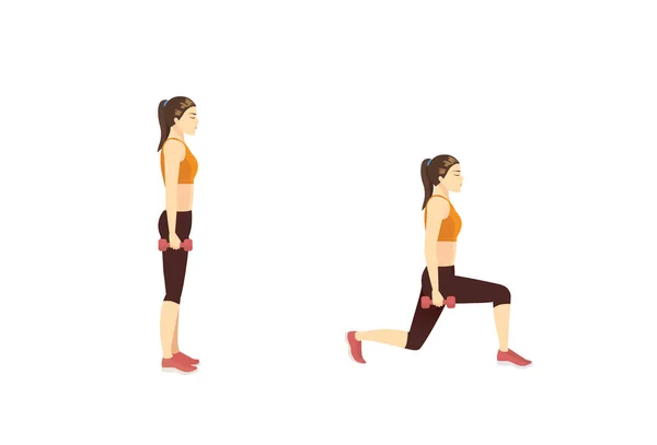 Donna Che Esercizio Con Dumbbell Reverse Lunge Passaggi Illustrazione Fitness — Vettoriale Stock