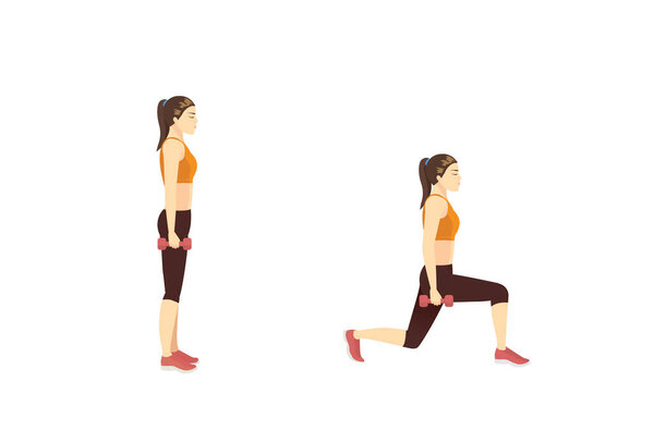 Woman doing exercise with Dumbbell Reverse Lunge in 2 steps. Illustration about Fitness with lightweight equipment.