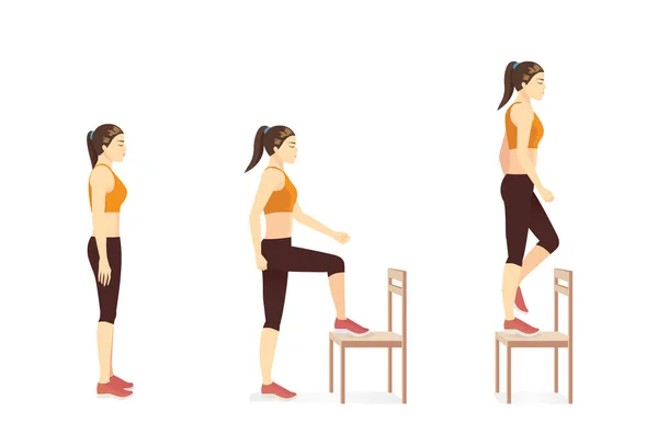 Mujer Haciendo Ejercicio Con Ejercicio Step Pisando Silla Pie Ilustración — Vector de stock