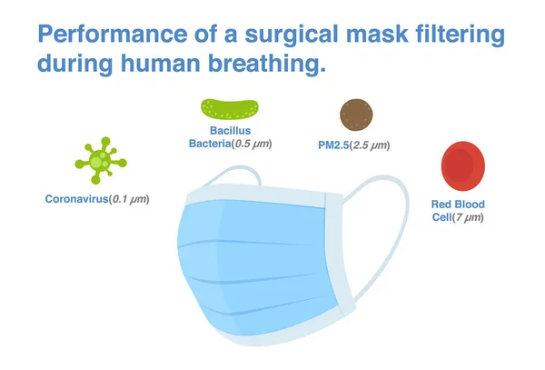 外科掩模在人体呼吸过程中过滤颗粒的性能 关于保护人类呼吸不受头孢病毒侵害的面罩的信息图 — 图库矢量图片