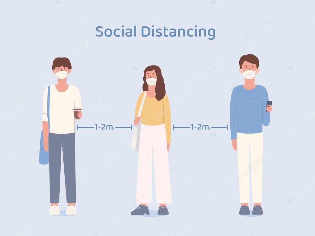 Man and Women who wearing a mask taking social distancing while standing in queue. Illustration about way to prevent Coronavirus spread in public place.