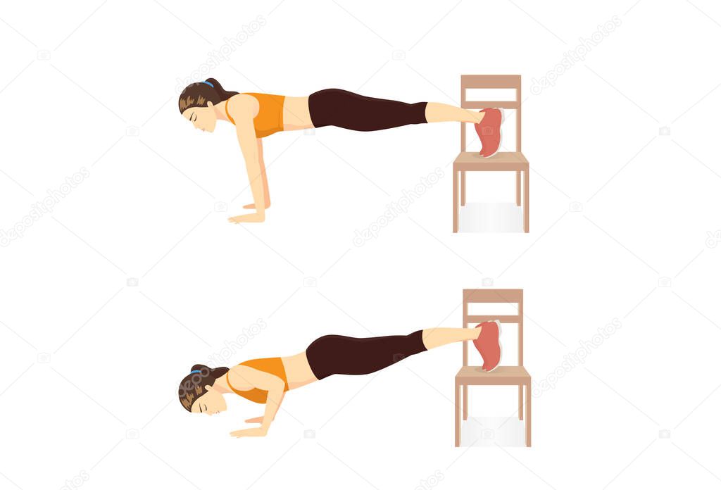 Woman doing home cardio workout by Step Decline Push Up with Chair in 2 step. Illustration about workout diagram while stay at Home.
