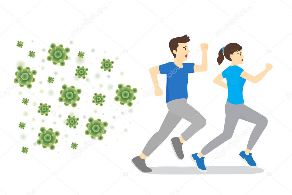 Man and Woman run away from virus that follow. Concept Illustration about people who fears coronavirus outbreak.