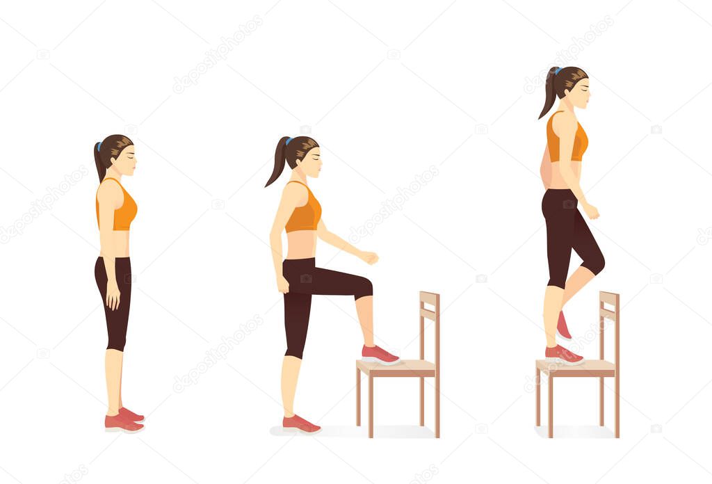 Woman doing workout with Step up exercise by Stepping on the chair and standing. Illustration about workout while stay at Home.