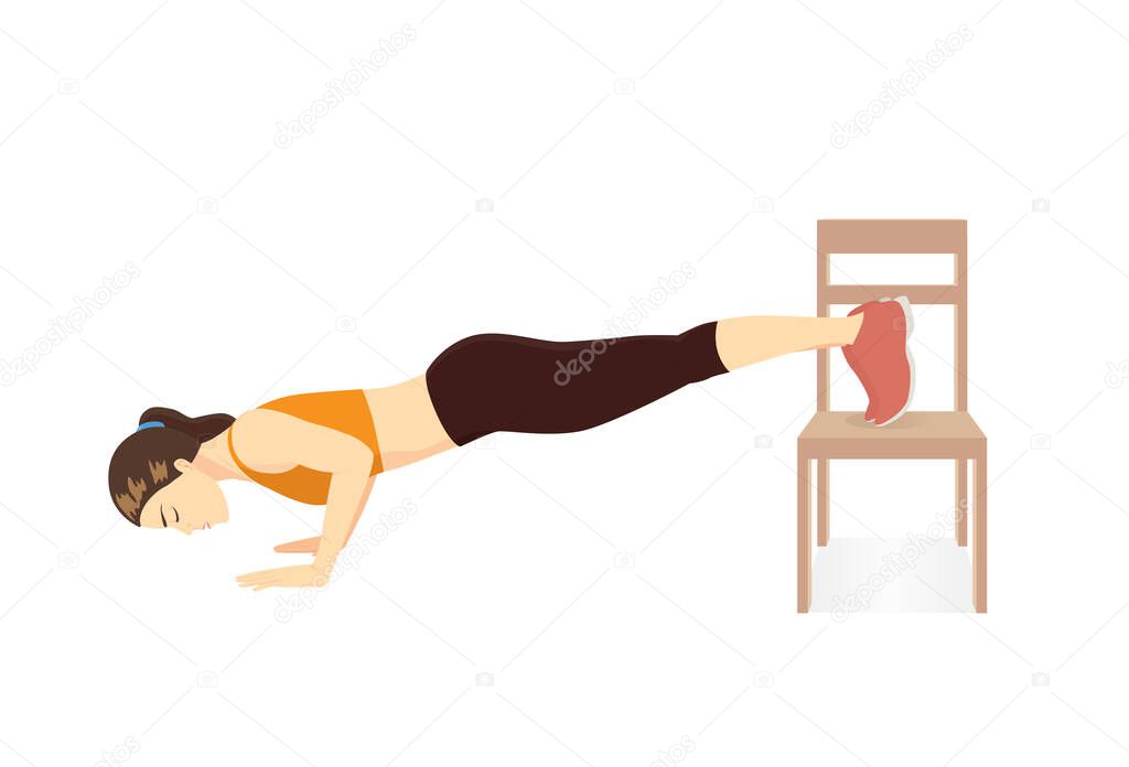 Woman doing home cardio workout by Decline Push Up with Chair. Illustration about workout with equipment in Home.