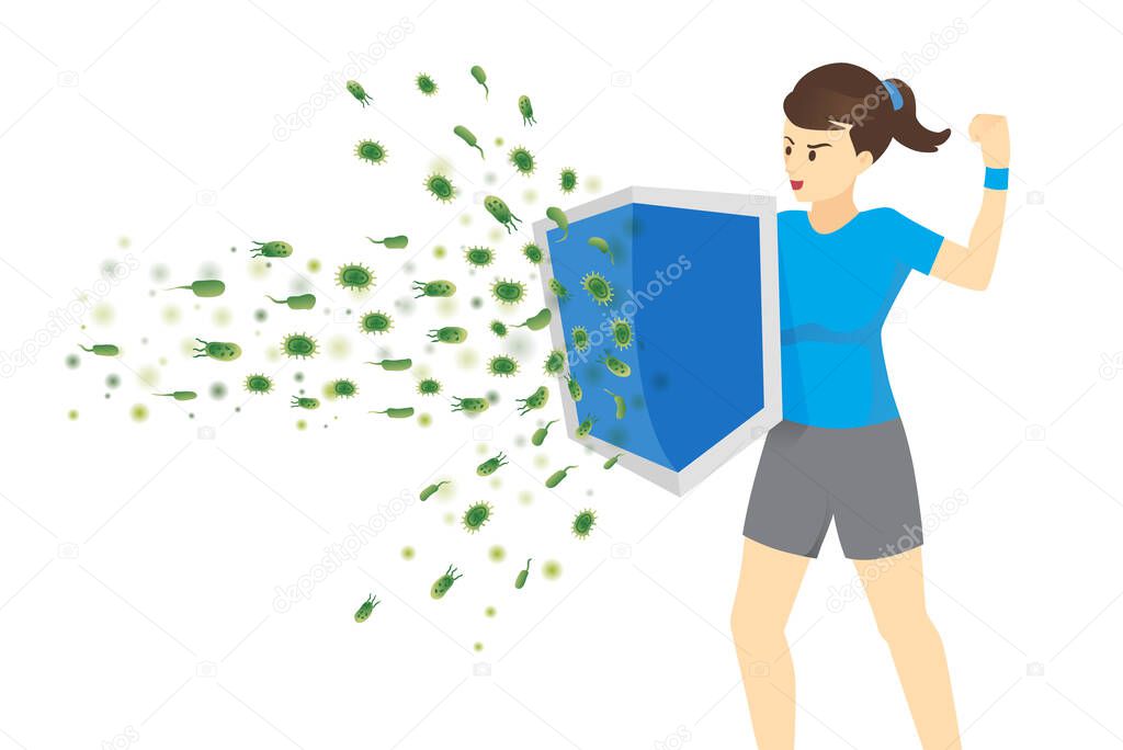 Healthy woman reflect bacteria attack with shield. Concept illustration about boost Immunity with strong healthy.