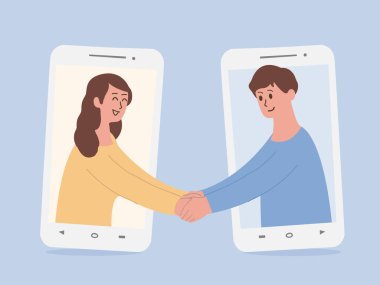 Telefon ekranının dışındaki mutlu insanlar ve akıllı telefon ile yapılan telefon görüşmeleriyle ilgili el sıkışma illüstrasyonuyla normal insanların yeni normlarına geçiş yapıyorlar..