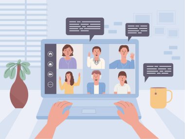Dizüstü bilgisayar bir iş ekibinin video konferansını gösteriyor. İnternet üzerinden tanışan insanlar. Evdeki yeni normal ve yeni iş davranışıyla ilgili bir resim..
