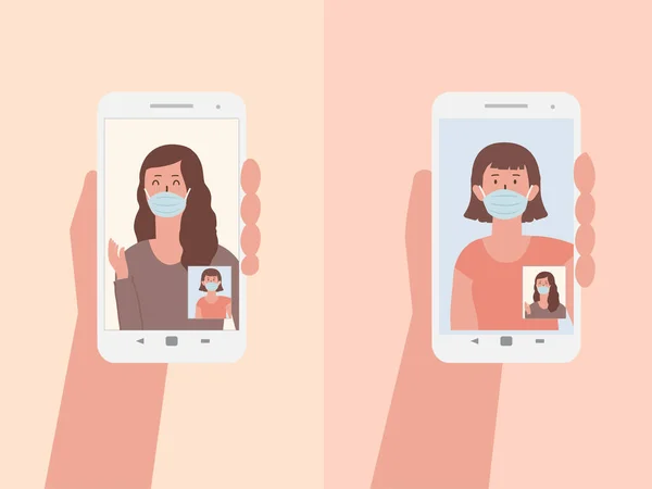 Les Femmes Portant Des Masques Chirurgicaux Utilisant Des Appels Vidéo — Image vectorielle