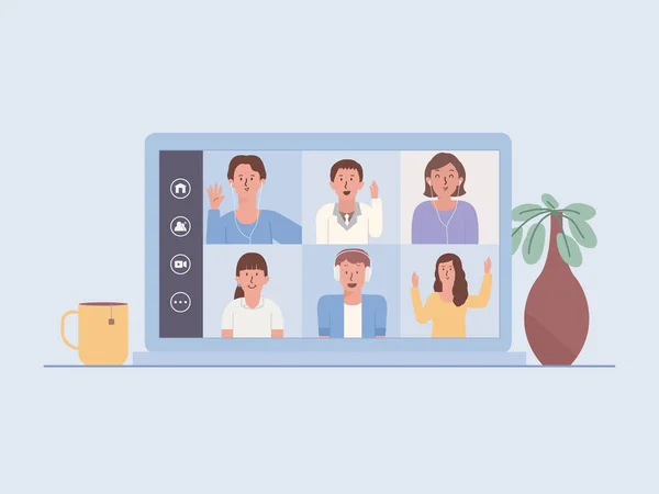Pantalla Del Ordenador Portátil Muestra Una Videoconferencia Equipo Negocios Reunión — Archivo Imágenes Vectoriales