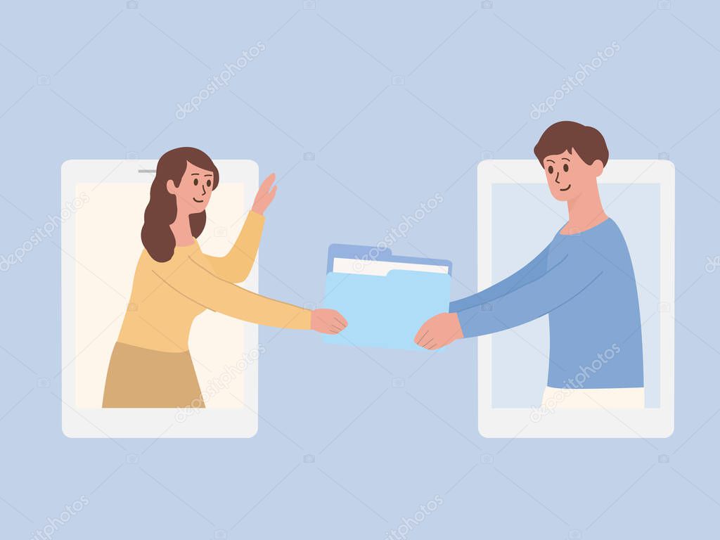 Woman out of the telephone screen and send a digital file folder to her friend for work at home. Illustration about work with video conference by transferred documents ready to apply data for jobs. File transfer.