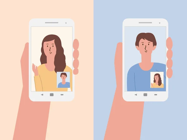Ruka Drží Bílý Smartphone Použití Video Hovorů Přáteli Pozdravit Ilustrace — Stockový vektor