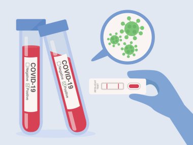 Bir el doktorun elinde viral hastalık için COVID-19 testi var. Cam tüpte de hastanın kan örneği var. Coronavirus için laboratuvar kartı testi. Etiketteki Test Sonucu pozitif.