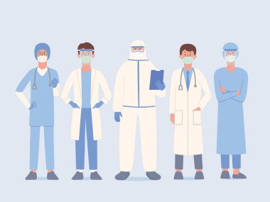 Üniformalı doktor ekibi ve cerrahi maske ve yüz kalkanı ve PPE giysisi Hasta 'ya yardım için hazırda beklesin ve ayakta dursun. Personel insanları virüslerden ve hastalıklardan korumak için hazırlanıyor. Karakter çizgi filmi.