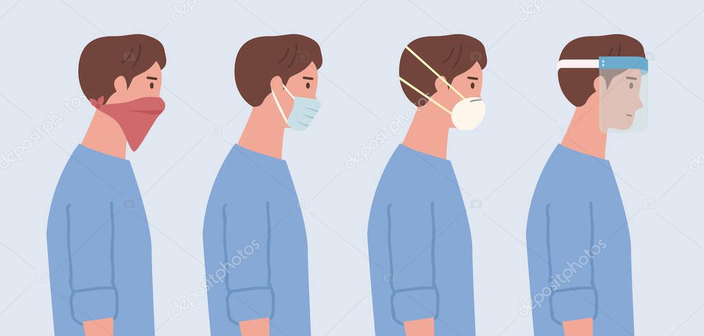 People wearing a surgical mask, n95 mask, handkerchief, and face shield. Illustration about kind of face mask to prevent virus and pollution.