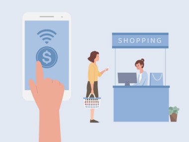 Bir alışveriş merkezinin kasiyerinin önünde para ödemek için çevrimiçi ödemeyi kullanmak için mobil ekranda bir dokunuş. Alışveriş sepeti tutan kadınlar ödeme faturasını bekliyor. Yeni normal..