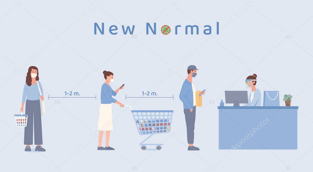 People with shopping cart and holding basket standing standing in queue in the supermarket for waiting payment at counter cashier. The new normal about prevent Covid-19 spread.