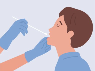 Doktor, insana uzun bir pamuk çubuğu sokup ağız ve diliyle DNA testi ya da DNA testi yapıyor. Virüs kontrolü hakkında Tıbbi Diyagram.
