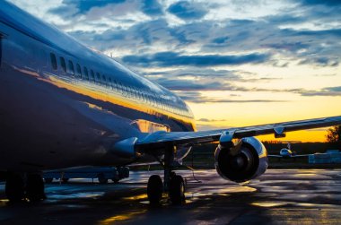 Boeing 737 Yamal hava, Havaalanı Roschino, Rusya Tyumen 06 Haziran 2014 uçak güneş doğmadan önce gölgede şafak