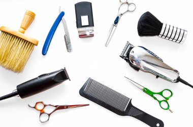 Barber shop equipment tools on white background. Professional hairdressing tools. Comb, scissor, clippers and hair trimmer isolated.  clipart