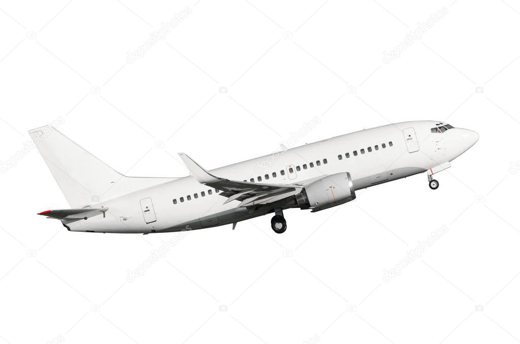 White airplane in profile on a white background, isolated