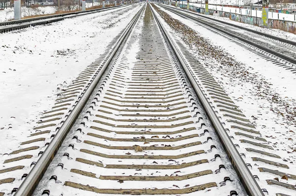 Trilhos Ferroviários Dorme Longe Neve Inverno — Fotografia de Stock