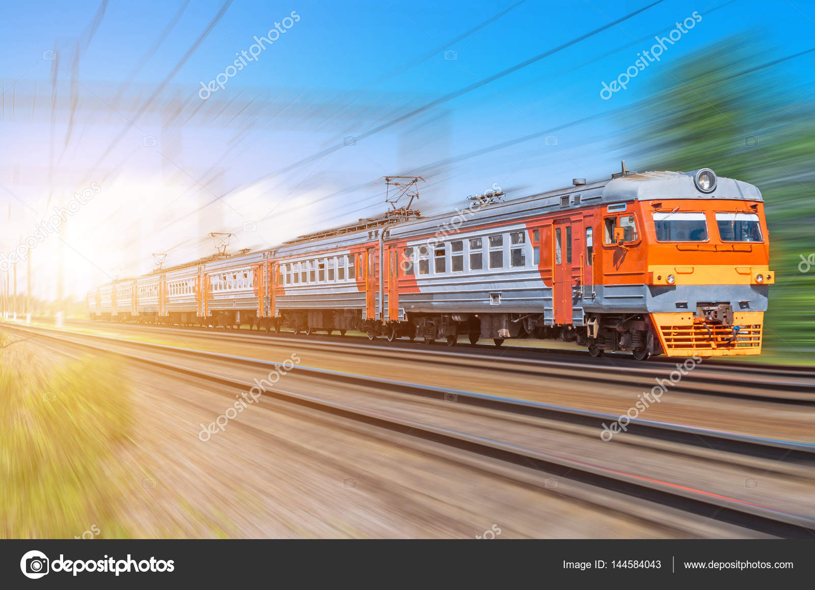Passenger electric train long rides speed railway wagons journey light ...