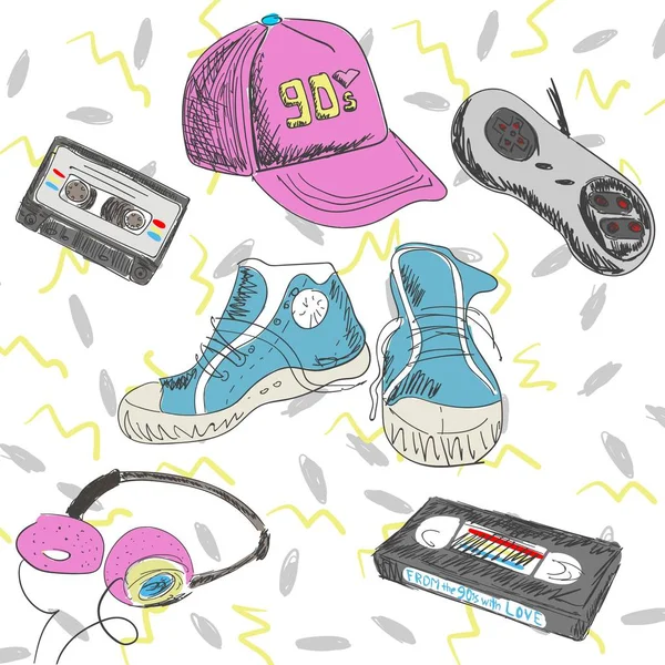 Illustrazione vettoriale - elementi degli anni '90. Cassette, scarpe da ginnastica, joystick, cappellino, cuffie. Torniamo al novantesimo. Da con amore, stile memphis — Vettoriale Stock