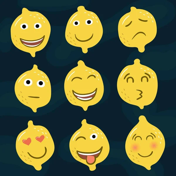 Set gele citroenen iconen, emoties, smileys — Stockvector