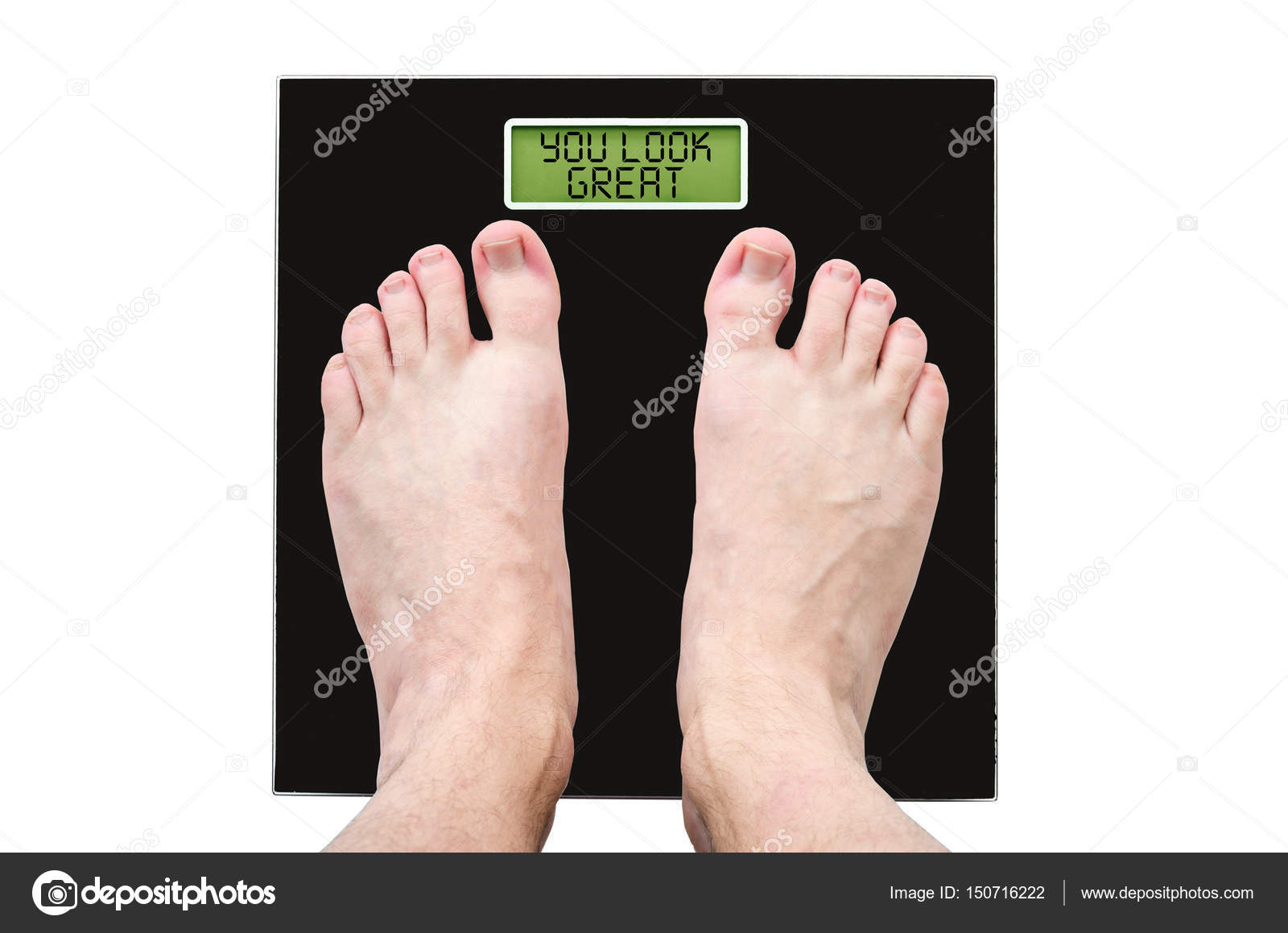 Man On Scales With Normal Weight And Good Health The Inscription You Look Great Man On Scales With Normal Weight And Good Health The Inscription You Look Great