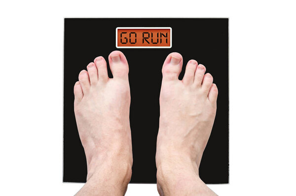 Man on the scales with a lot of weight and health problems, the inscription - go run